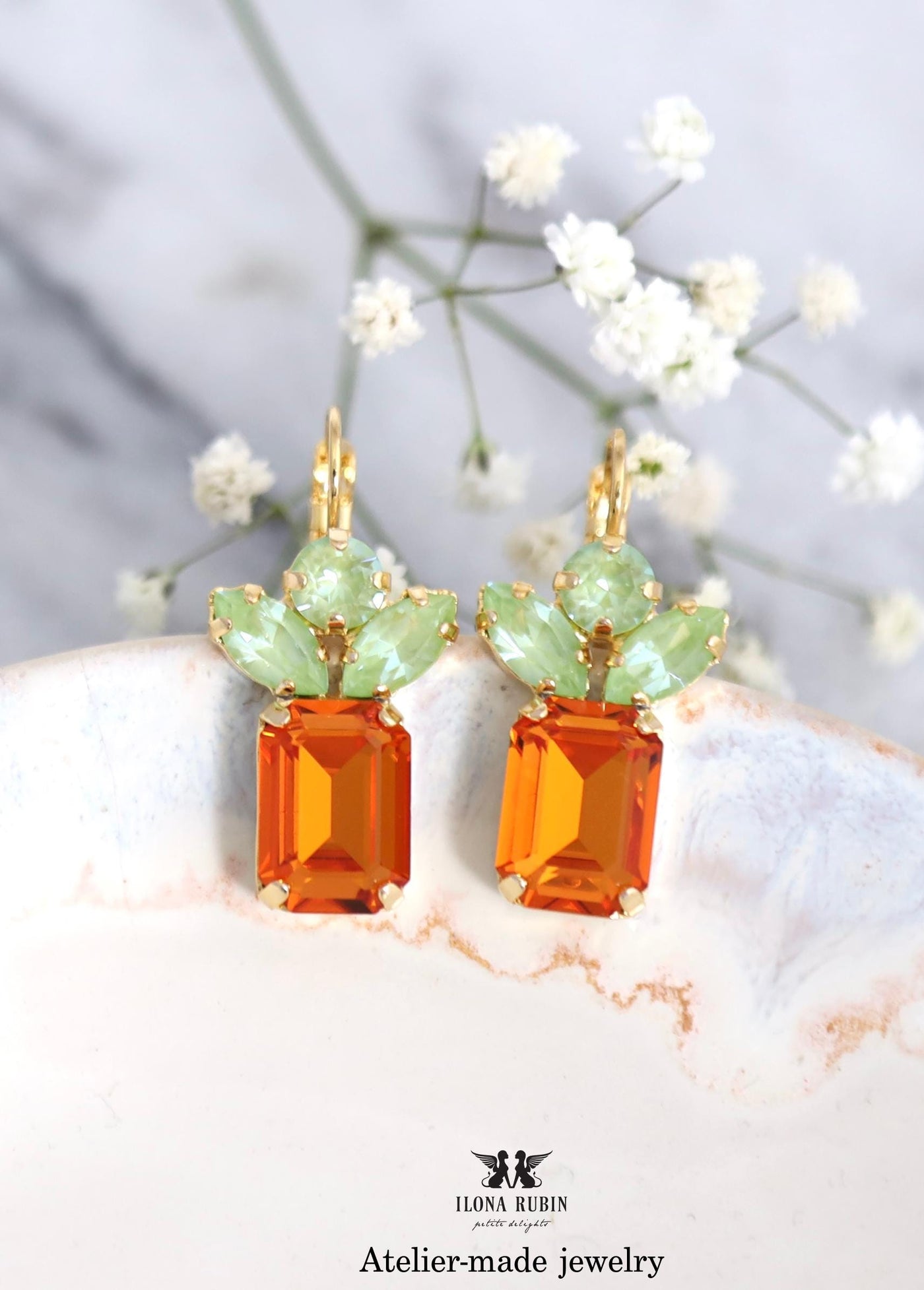 Orange Crystal Drop Earrings, Dark Orange Green Drop Earrings, Tangerine Crystal Earrings, Apricot Summer Earrings