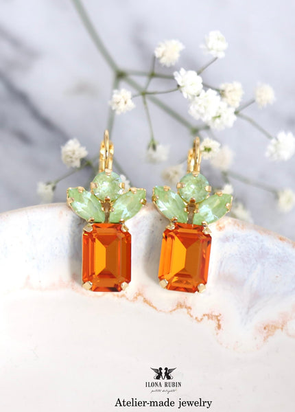 Orange Crystal Drop Earrings, Dark Orange Green Drop Earrings, Tangerine Crystal Earrings, Apricot Summer Earrings