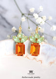Orange Crystal Drop Earrings, Dark Orange Green Drop Earrings, Tangerine Crystal Earrings, Apricot Summer Earrings