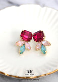 Pink Green Stud Earrings, Fuchsia Pink Crystal Earrings, Pink Earrings, Bridesmaid Gifts, Gift For Her, Pink Sage Green earrings