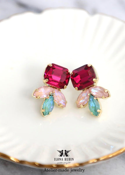 Pink Green Stud Earrings, Fuchsia Pink Crystal Earrings, Pink Earrings, Bridesmaid Gifts, Gift For Her, Pink Sage Green earrings