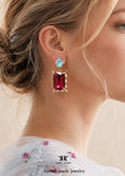 Pink Blue Chandeliers, Fuchsia Pink Emerald Cut Statement Long Earrings, Oversized Dark Fuchsia Pink Earrings, Light Blue Pink Jewelry