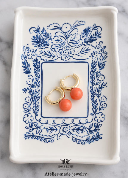 Coral Earrings, Coral Orange Huggie Earrings, Orange Gold Hoops, Everyday Huggie Drop Earrings, embellished with Swarovski coral pearls