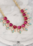 Pink Green Crystal Statement Necklace, Bridal Fuchsia Pink Sage Green Necklace, Crystal Sage Green Pink Choker Necklace, Crystal Necklace