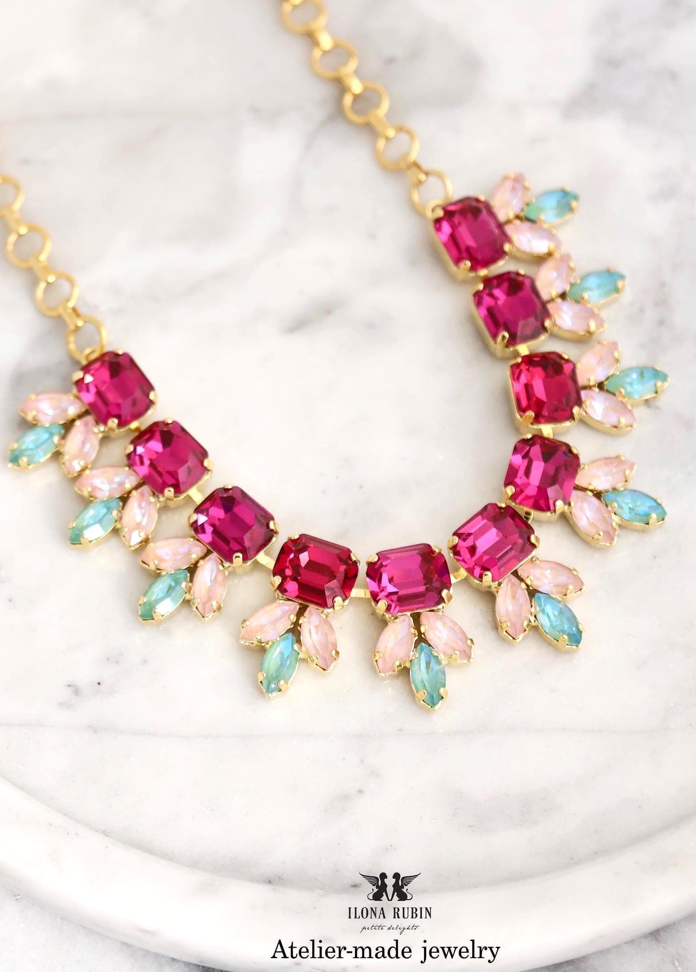 Pink Green Crystal Statement Necklace, Bridal Fuchsia Pink Sage Green Necklace, Crystal Sage Green Pink Choker Necklace, Crystal Necklace