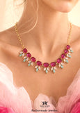 Pink Green Crystal Statement Necklace, Bridal Fuchsia Pink Sage Green Necklace, Crystal Sage Green Pink Choker Necklace, Crystal Necklace
