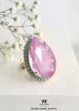 Lilac Purple Crystal Cocktail Ring, Light Purple Handmade Statement Ring for Women, Purple Gold Adjustable Oversized Pear Ring