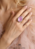 Lilac Purple Crystal Cocktail Ring, Light Purple Handmade Statement Ring for Women, Purple Gold Adjustable Oversized Pear Ring