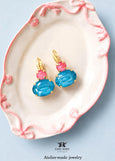 Blue Pink Crystal Earrings, Blue Teal Crystal Handmade Earrings, Pink Blue Teal Swarovski Crystals Lever Back Earrings, Summer earrings.