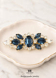 Bridal Navy Blue Barrette, Dark Blue Bridal Hair Accessories, Blue Crystal Gold barrette, Bridal Crystal Hair Accessories, Bridal Barrette