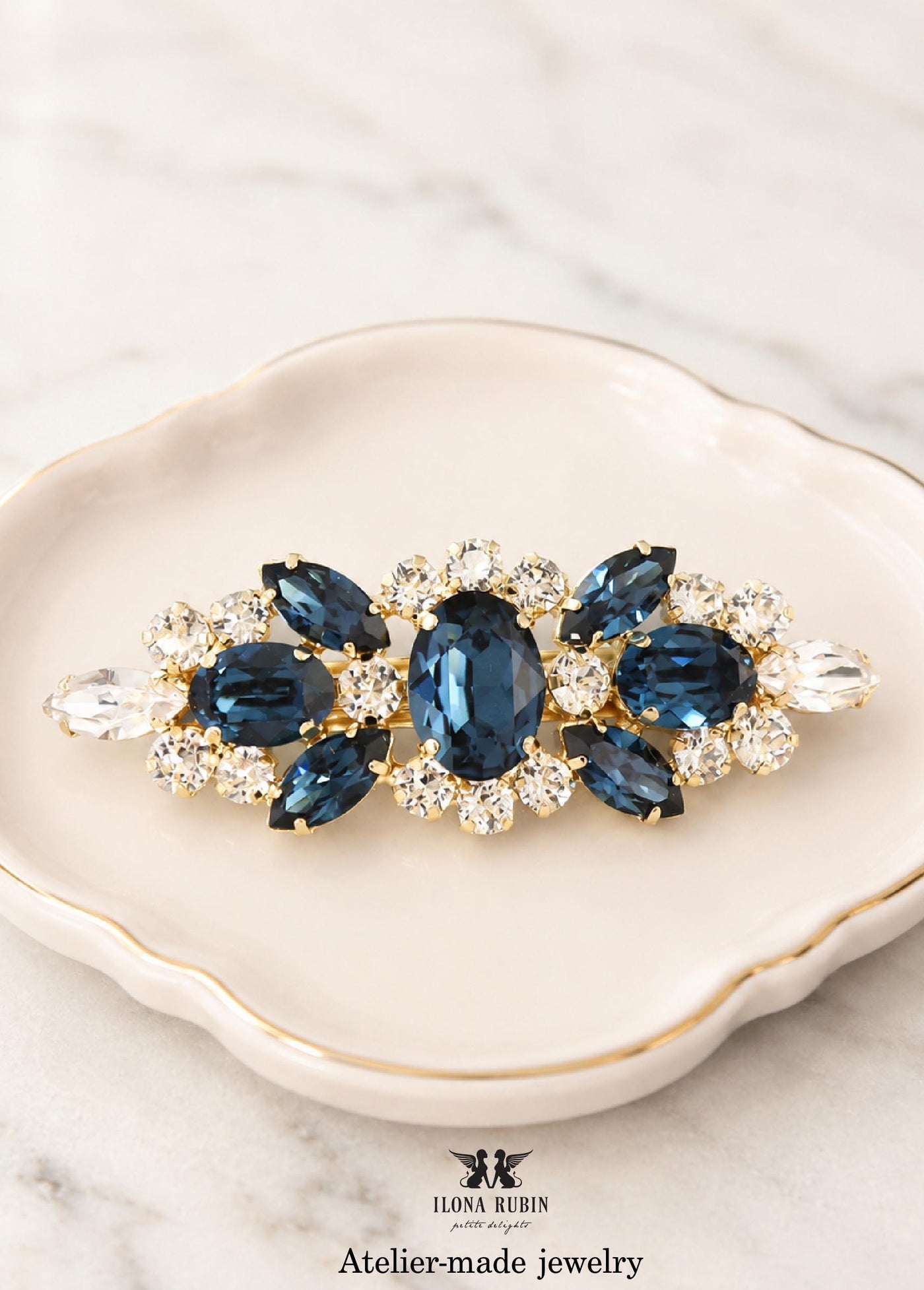 Bridal Navy Blue Barrette, Dark Blue Bridal Hair Accessories, Blue Crystal Gold barrette, Bridal Crystal Hair Accessories, Bridal Barrette