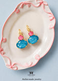 Blue Pink Crystal Earrings, Blue Teal Crystal Handmade Earrings, Pink Blue Teal Swarovski Crystals Lever Back Earrings, Summer earrings.