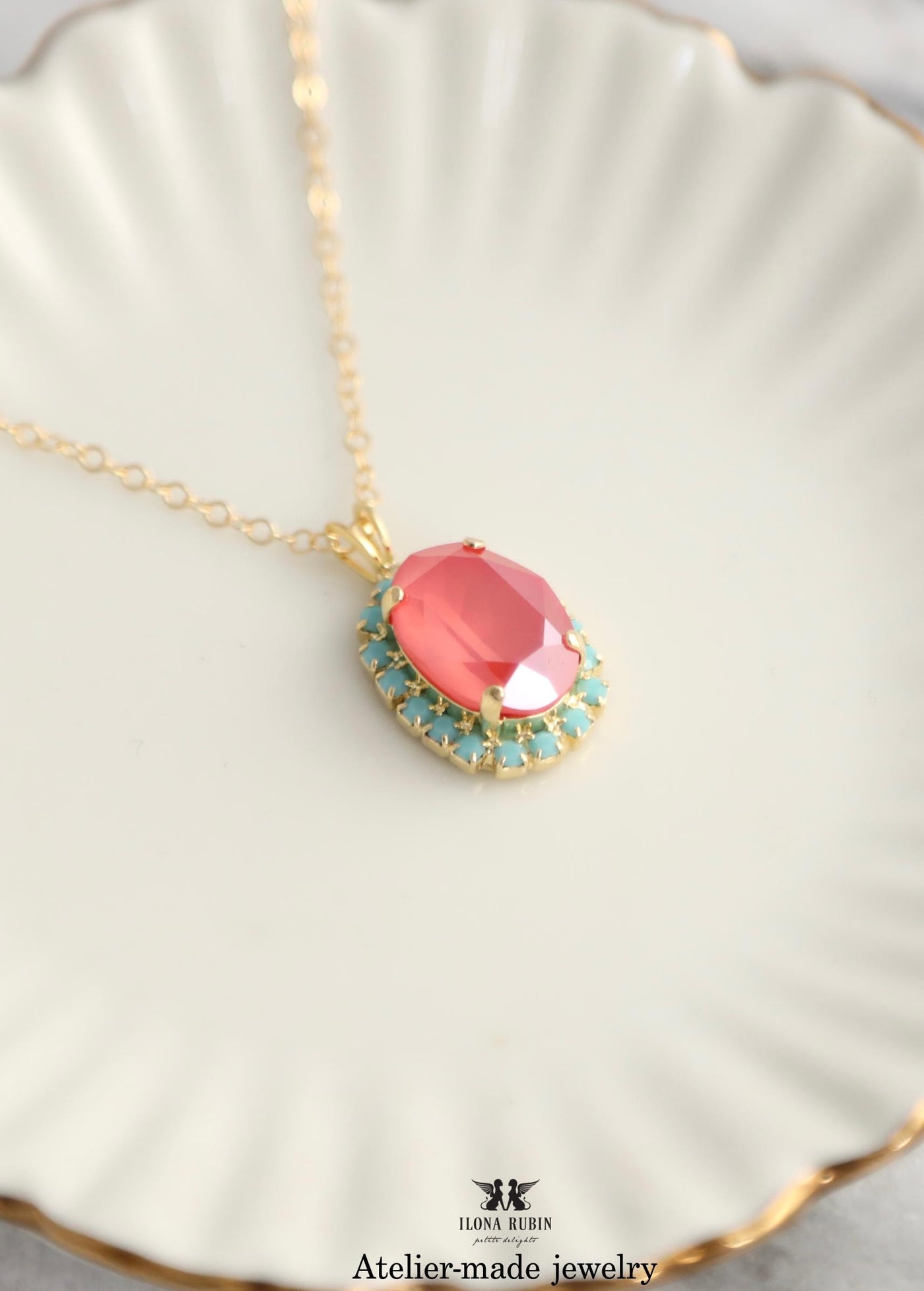 Coral Turquoise Crystal Necklace, Light Coral Embellished Swarovski Crystal Necklace, Orange Blue Necklace, Oval Coral Crystal Jewelry