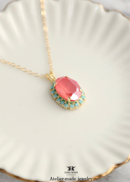 Coral Turquoise Crystal Necklace, Light Coral Embellished Swarovski Crystal Necklace, Orange Blue Necklace, Oval Coral Crystal Jewelry