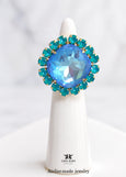 Blue Cocktail Crystal Ring, Ocean Blue Green Statement Crystal Ring, Statement Blue Crystal Ring, Adjustable Cocktail Pink Ring, Gift For