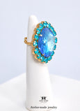 Blue Cocktail Crystal Ring, Ocean Blue Green Statement Crystal Ring, Statement Blue Crystal Ring, Adjustable Cocktail Pink Ring, Gift For