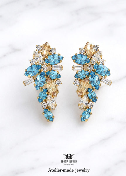 Light Blue Crystal Earrings, Aquamarine Bridal Cluster Stud Earrings, Bridal Blue Wedding Earrings, Bridesmaids Gift, Wedding Blue Jewelry