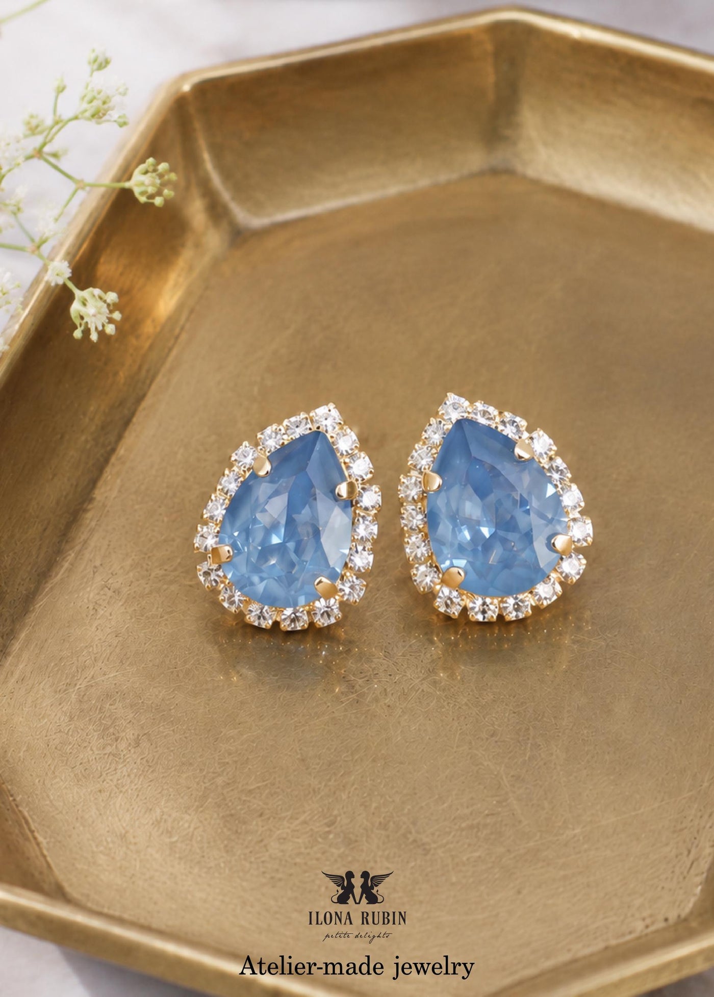 Dusty Blue Crystal Stud Earrings, Bridal Blue Pear Shaped Earrings, Denim Blue Bridesmaids Earrings, Blue Wedding Earrings, Handmade
