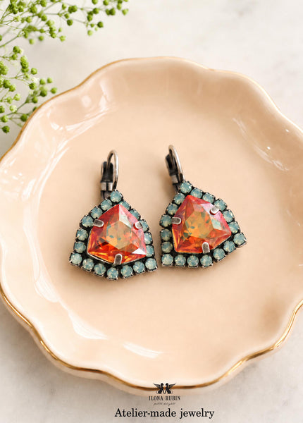 Orange Green Oxidized Silver Earrings, Rare Burnt Dark Orange Drop Earrings, Wedding Jewelry For Mom, Gift for woman, Green Orange Jewelry
