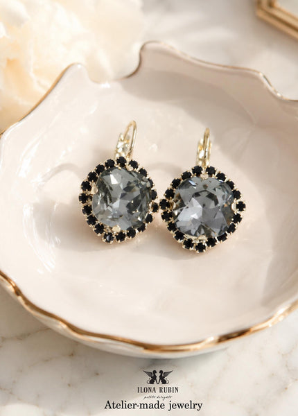 Gray Black Drop Earrings, Gray Bridal Lever Back Embellished Swarovski Crystal Earrings, Black Gray Wedding Jewelry, Light Gray Earrings