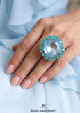 Blue Cocktail Crystal Ring, Ocean Blue Green Statement Crystal Ring, Statement Blue Crystal Ring, Adjustable Cocktail Pink Ring, Gift For