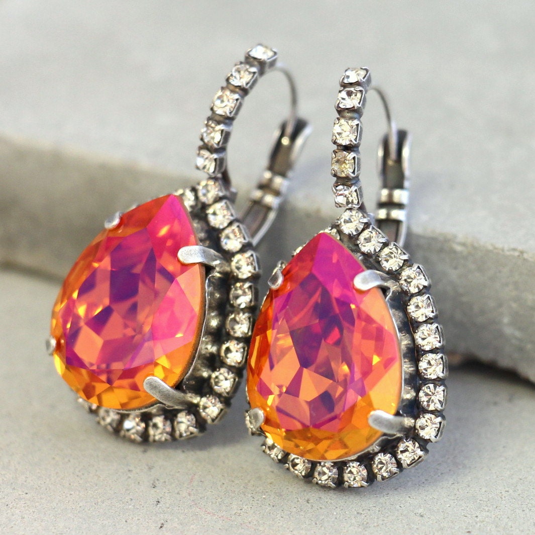 Orange Pink Earrings, Silver Orange Earrings, Orange Crystal Earrings, Volcano Earrings,Teardrop Silver Earrings, Orange Droop Earrings
