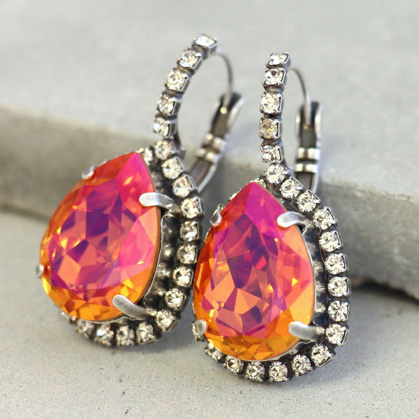 Orange Pink Earrings, Silver Orange Earrings, Orange Crystal Earrings, Volcano Earrings,Teardrop Silver Earrings, Orange Droop Earrings