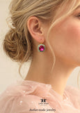 Fuchsia Pink Drop Crystal Earrings, Hot Pink Turquoise Leverback Earrings, Dark Pink Blue Embellished Crystal Jewelry, Bridesmaids Earrings