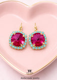 Fuchsia Pink Drop Crystal Earrings, Hot Pink Turquoise Leverback Earrings, Dark Pink Blue Embellished Crystal Jewelry, Bridesmaids Earrings
