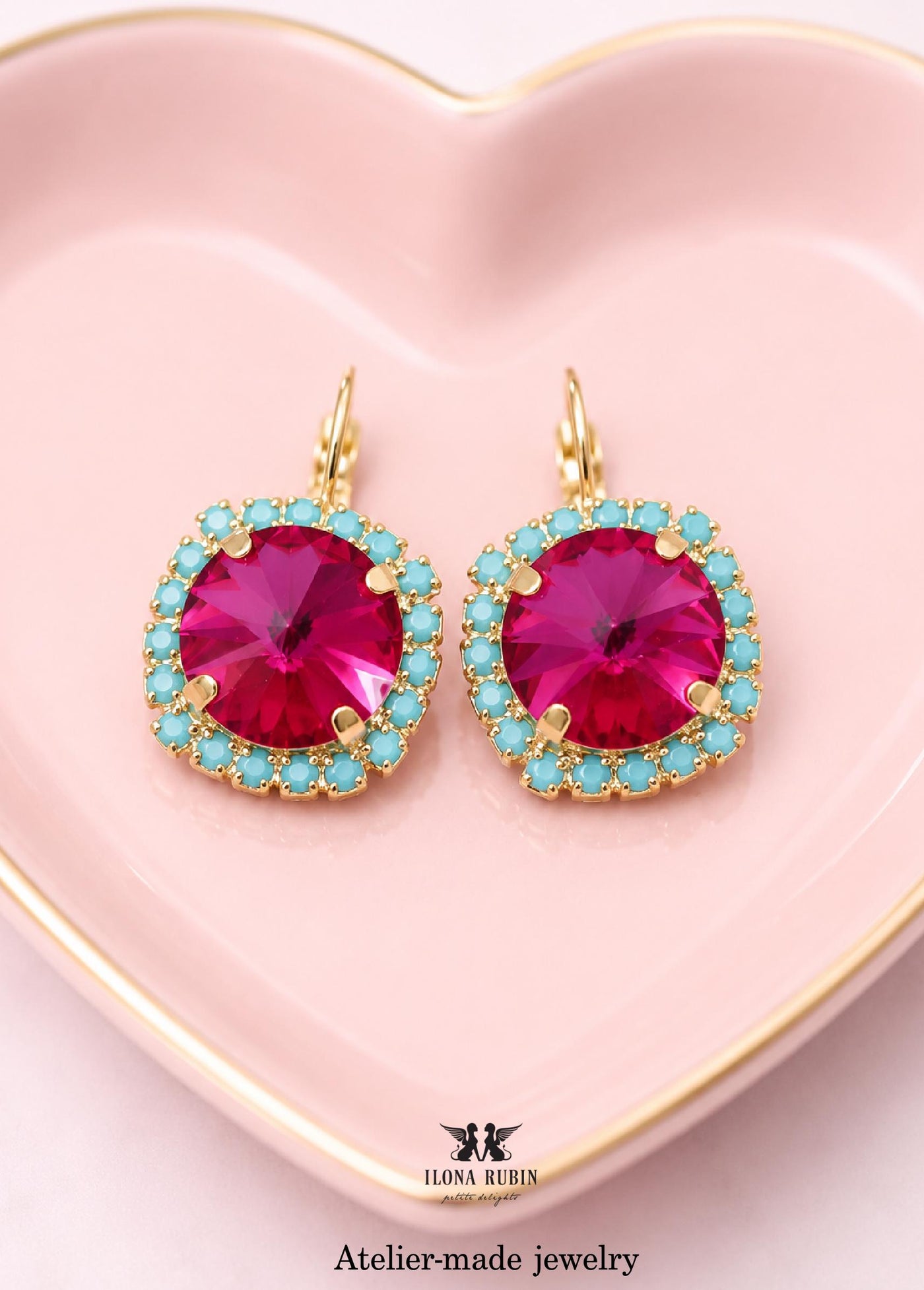 Fuchsia Pink Drop Crystal Earrings, Hot Pink Turquoise Leverback Earrings, Dark Pink Blue Embellished Crystal Jewelry, Bridesmaids Earrings