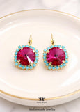 Fuchsia Pink Drop Crystal Earrings, Hot Pink Turquoise Leverback Earrings, Dark Pink Blue Embellished Crystal Jewelry, Bridesmaids Earrings