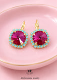 Fuchsia Pink Drop Crystal Earrings, Hot Pink Turquoise Leverback Earrings, Dark Pink Blue Embellished Crystal Jewelry, Bridesmaids Earrings