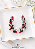 Red Black Climbing Earrings, Black Gold Ear Climber Crawler Earrings, Crystal Statement Ear Cuff, Christmas Gift for Her, Evening Earrings