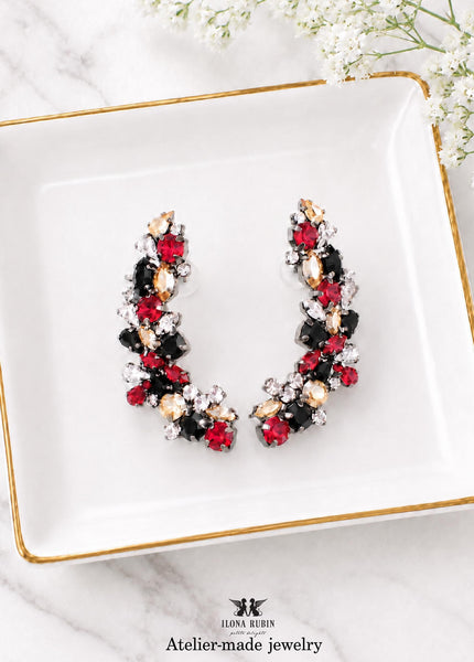 Red Black Climbing Earrings, Black Gold Ear Climber Crawler Earrings, Crystal Statement Ear Cuff, Christmas Gift for Her, Evening Earrings