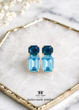 Light Sapphire Blue Bridal Classic Wedding Stud Earrings, Navy Blue Crystal Emerald Cut Earrings, Aquamarine Blue Statement Studs