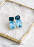 Light Sapphire Blue Bridal Classic Wedding Stud Earrings, Navy Blue Crystal Emerald Cut Earrings, Aquamarine Blue Statement Studs