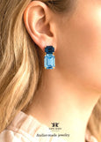 Light Sapphire Blue Bridal Classic Wedding Stud Earrings, Navy Blue Crystal Emerald Cut Earrings, Aquamarine Blue Statement Studs