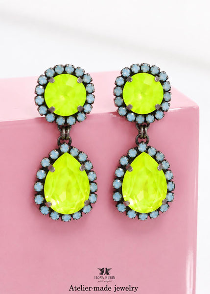 Yellow Neon Earrings, Powder Blue Electric Yellow Chandelier Swarovski Crystal Earrings, Yellow Blue Drop Earrings, Summer Earrings