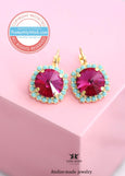 Fuchsia Pink Drop Crystal Earrings, Hot Pink Turquoise Leverback Earrings, Dark Pink Blue Embellished Crystal Jewelry, Bridesmaids Earrings