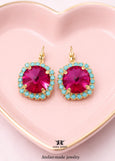 Fuchsia Pink Drop Crystal Earrings, Hot Pink Turquoise Leverback Earrings, Dark Pink Blue Embellished Crystal Jewelry, Bridesmaids Earrings