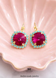 Fuchsia Pink Drop Crystal Earrings, Hot Pink Turquoise Leverback Earrings, Dark Pink Blue Embellished Crystal Jewelry, Bridesmaids Earrings