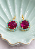 Fuchsia Pink Drop Crystal Earrings, Hot Pink Turquoise Leverback Earrings, Dark Pink Blue Embellished Crystal Jewelry, Bridesmaids Earrings