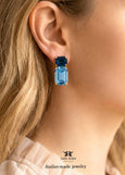 Light Sapphire Blue Bridal Classic Wedding Stud Earrings, Navy Blue Crystal Emerald Cut Earrings, Aquamarine Blue Statement Studs