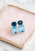 Light Sapphire Blue Bridal Classic Wedding Stud Earrings, Navy Blue Crystal Emerald Cut Earrings, Aquamarine Blue Statement Studs