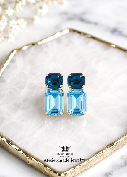 Light Sapphire Blue Bridal Classic Wedding Stud Earrings, Navy Blue Crystal Emerald Cut Earrings, Aquamarine Blue Statement Studs