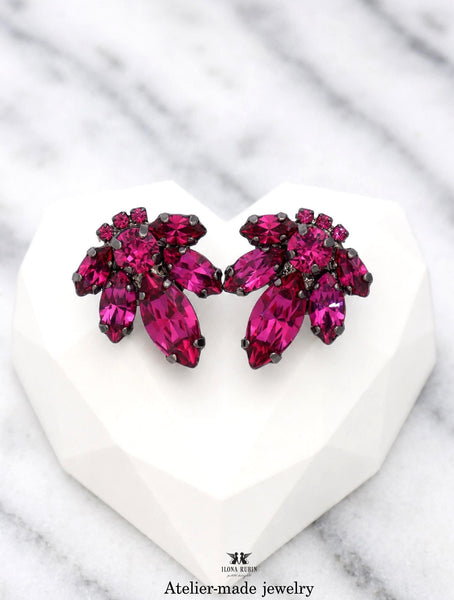 Fuchsia Black Crystal Cluster Stud Earrings, Wedding Fuchsia Bridal Stud Earrings, Dark Pink Wedding Jewelry, Handmade Earrings