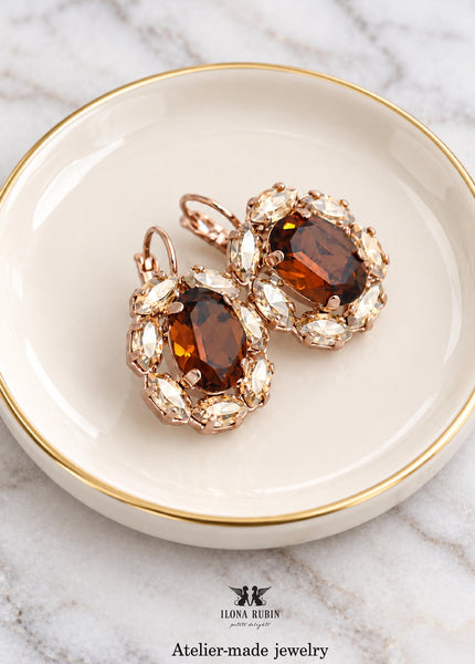 Smoked Topaz Embellished Swarovski Crystal Earrings, Bridal Brown Crystal Champagne Halo Drop Earrings, Vintage Autumn Wedding Jewelry