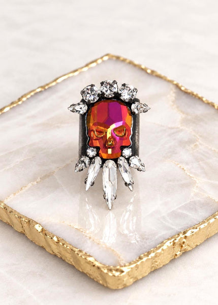 Skull Ring, Orange Pink Silver Skull Ring, Cocktail Gothic Ring, Sugar Skull Crystal Ring, Adjustable Crystal Ring, Gothic Jewelry Gift
