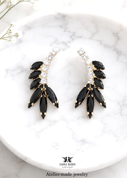 Black Crystal Earrings, Bridal Black Gold Cluster Stud Earrings, Bridesmaids Black Jet Earrings, Black Wedding Jewelry, Black Stud Earrings