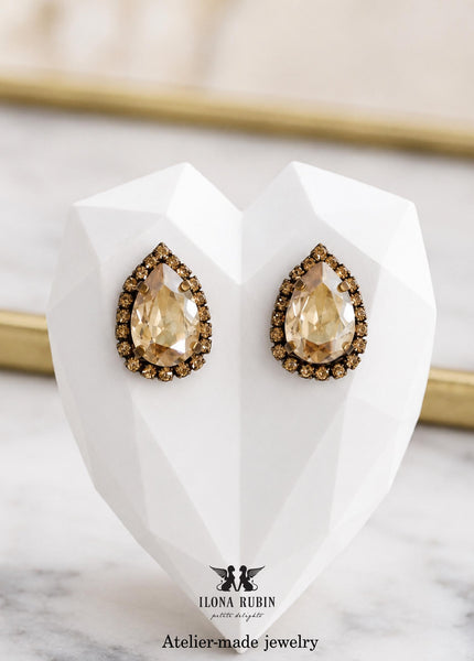Champagne Crystal Teardrop Stud Earrings, Chamagne Bridal Classic Wedding Earrings, Golden Beige Crystal Wedding Jewelry